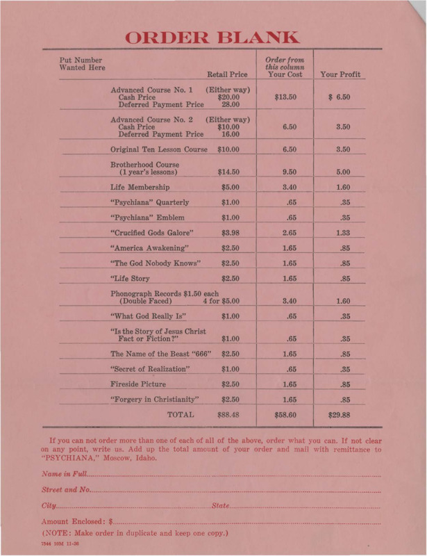 Order form blank for Psychiana written materials with retail, cost, and profit columns.