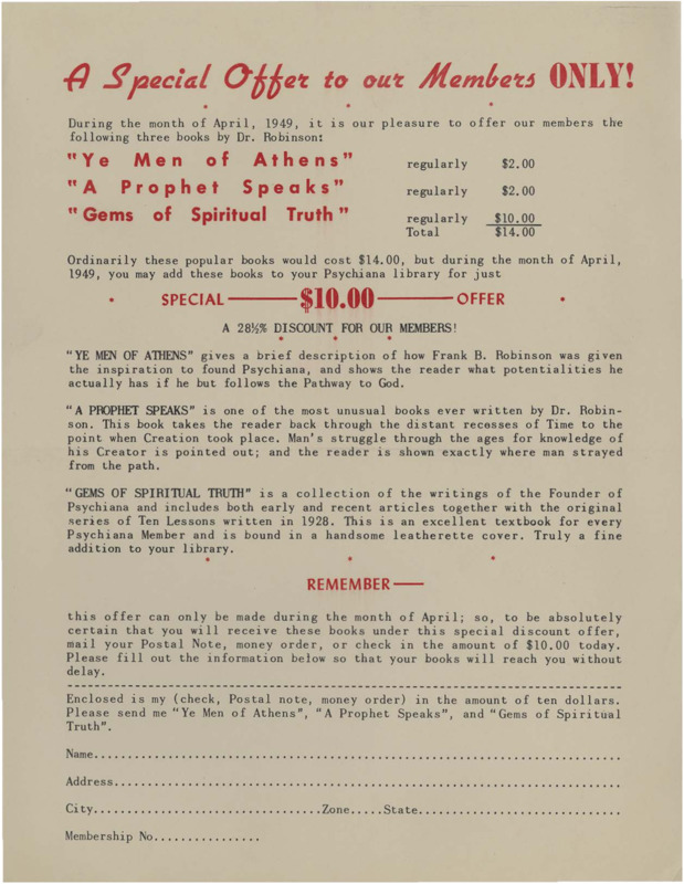 A single-page advertisement and detachable order form at the bottom. Members offered a 28 1/2% discount for three of Frank B. Robinson�s books.