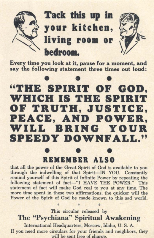 Flyer includes illustrations of Hitler and Mussolini, reminding Psychiana students to say an affirmation and use the Spirit of God against injustice.