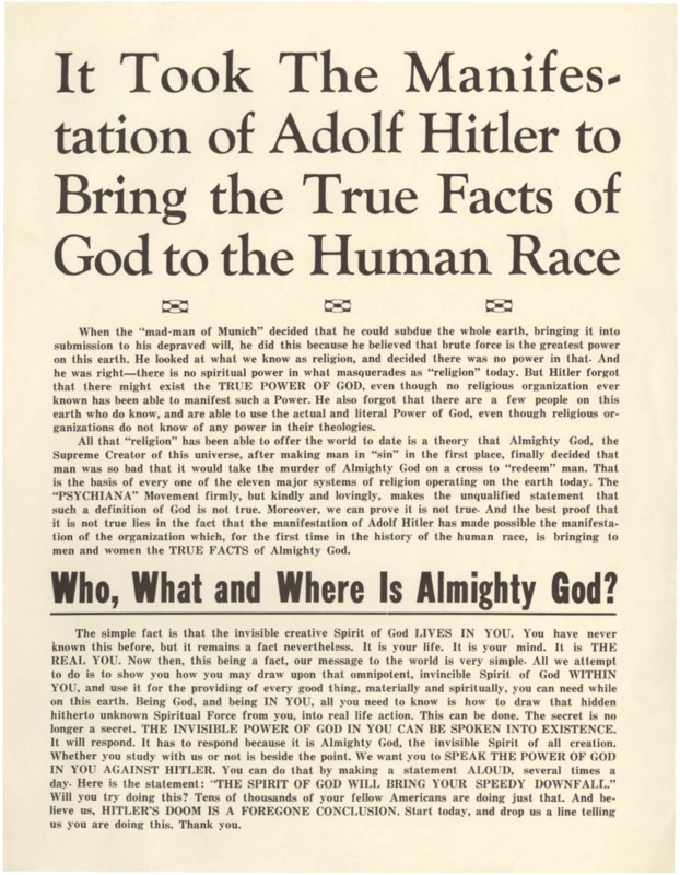 Flyer that claims the appearance of Hitler and Nazi Germany will lead to the revelation of Psychiana to all peoples of the world.