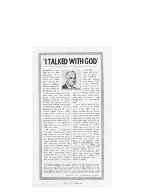 Clipping of an article in which Robinson discusses how he talks directly God and how God comes to us. Numbered advertisement 3543-46.